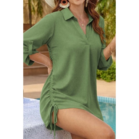 Kadın Truvakar Kollu önden Düğmeli Yandan Büzgülü Kısa Bürümcük Elbise , 32329