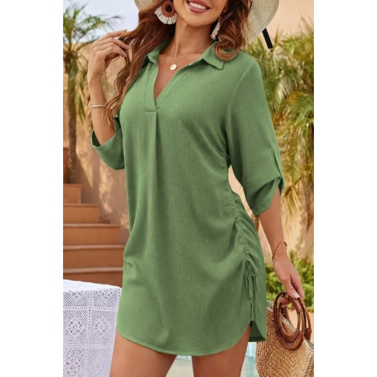 Kadın Truvakar Kollu önden Düğmeli Yandan Büzgülü Kısa Bürümcük Elbise , 32329