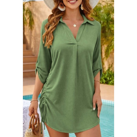 Kadın Truvakar Kollu önden Düğmeli Yandan Büzgülü Kısa Bürümcük Elbise , 32329