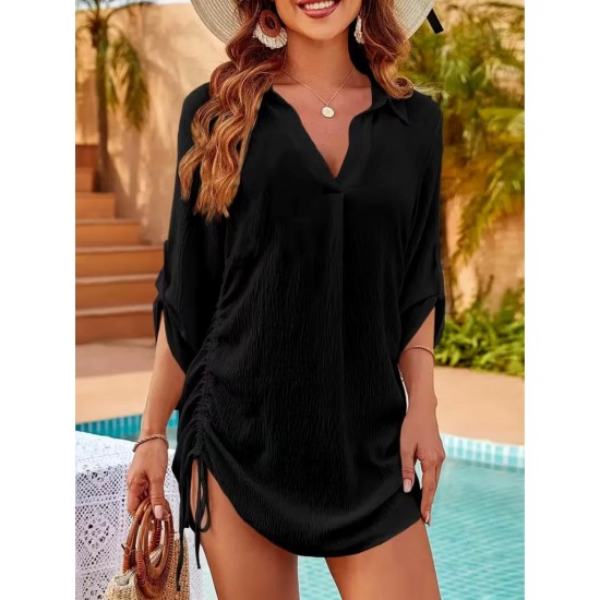 Kadın Truvakar Kollu önden Düğmeli Yandan Büzgülü Kısa Bürümcük Elbise , 32326