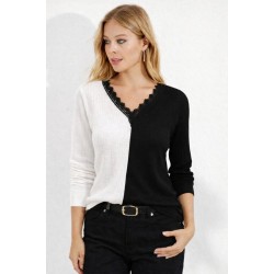 Kadın Uzun Kollu V Yakalı çift Renkli Triko Bluz, 32330