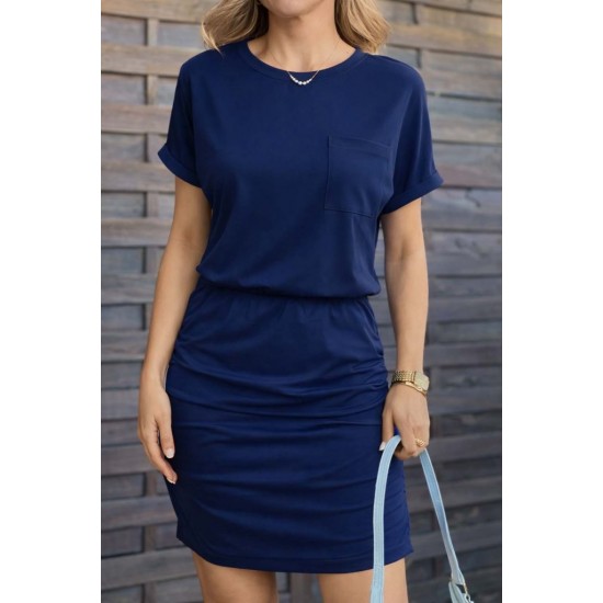 Kadın Kısa Kollu Bisiklet Yaka Cep Detaylı Kısa Viskon Elbise , 32203
