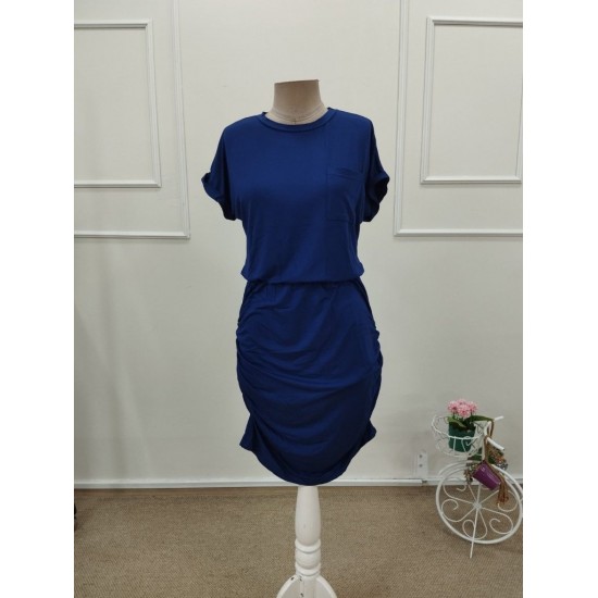 Kadın Kısa Kollu Bisiklet Yaka Cep Detaylı Kısa Viskon Elbise , 32203