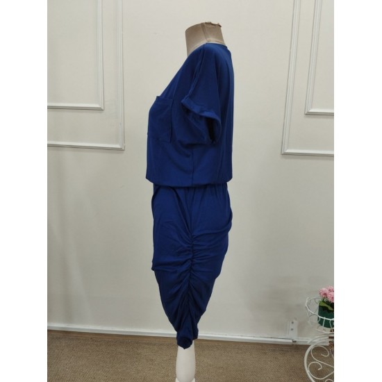 Kadın Kısa Kollu Bisiklet Yaka Cep Detaylı Kısa Viskon Elbise , 32203