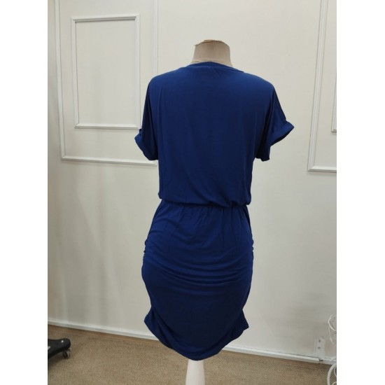 Kadın Kısa Kollu Bisiklet Yaka Cep Detaylı Kısa Viskon Elbise , 32203