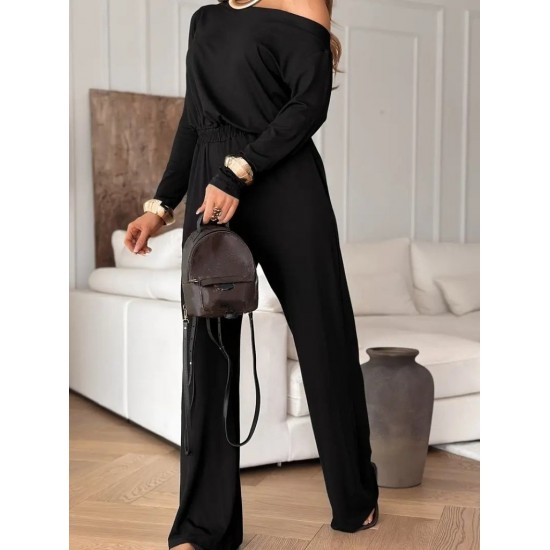 Kadın Tek Omuzdan Açık Uzun Kollu Belden Bağcıklı Uzun Viskon Iki Iplik Tulum, 32336