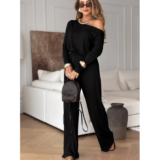 Kadın Tek Omuzdan Açık Uzun Kollu Belden Bağcıklı Uzun Viskon Iki Iplik Tulum, 32336