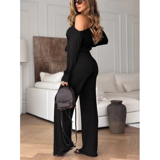 Kadın Tek Omuzdan Açık Uzun Kollu Belden Bağcıklı Uzun Viskon Iki Iplik Tulum, 32336