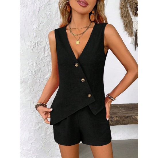 Kadın Askılı önü Düğmeli Asimetrik Detaylı Bluz Ve Astarlı Short Ikili Takım , 32337
