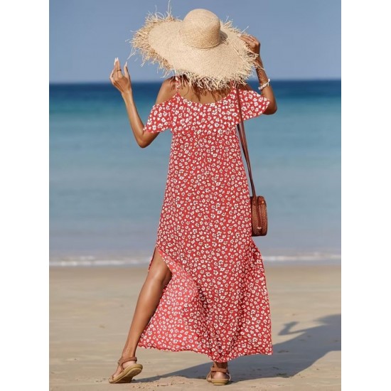 Kadın Omuzlardan Açık Askılı Yırtmaçlı Desenli Uzun Süprem Elbise , 32351