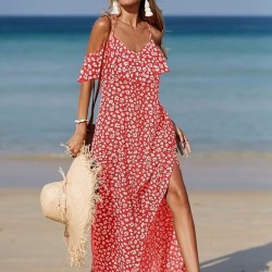 Kadın Omuzlardan Açık Askılı Yırtmaçlı Desenli Uzun Süprem Elbise , 32351