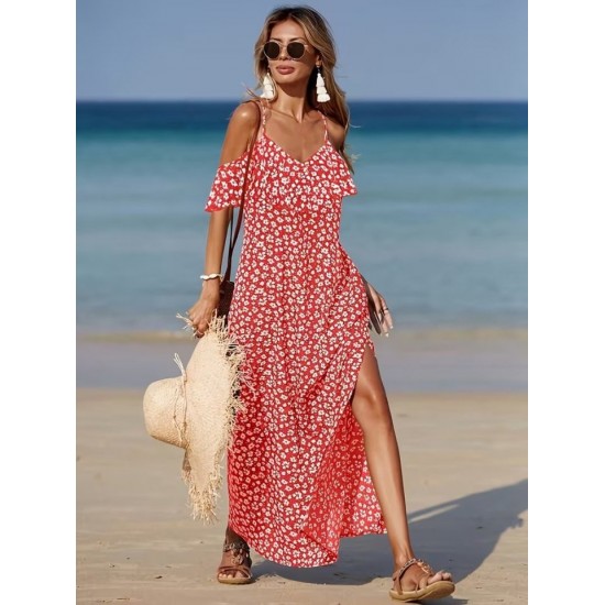 Kadın Omuzlardan Açık Askılı Yırtmaçlı Desenli Uzun Süprem Elbise , 32351