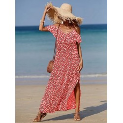 Kadın Omuzlardan Açık Askılı Yırtmaçlı Desenli Uzun Süprem Elbise , 32351