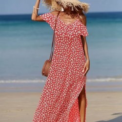 Kadın Omuzlardan Açık Askılı Yırtmaçlı Desenli Uzun Süprem Elbise , 32351