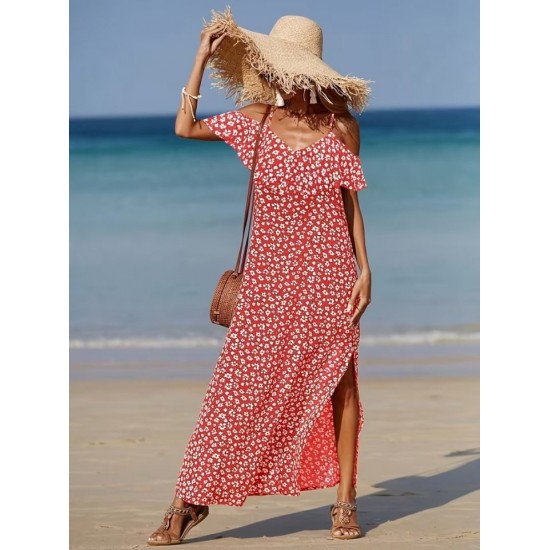 Kadın Omuzlardan Açık Askılı Yırtmaçlı Desenli Uzun Süprem Elbise , 32351