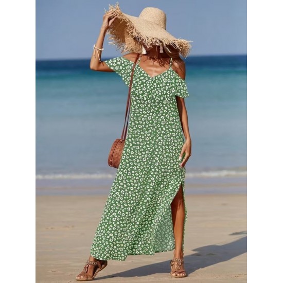 Kadın Omuzlardan Açık Askılı Yırtmaçlı Desenli Uzun Süprem Elbise , 32350