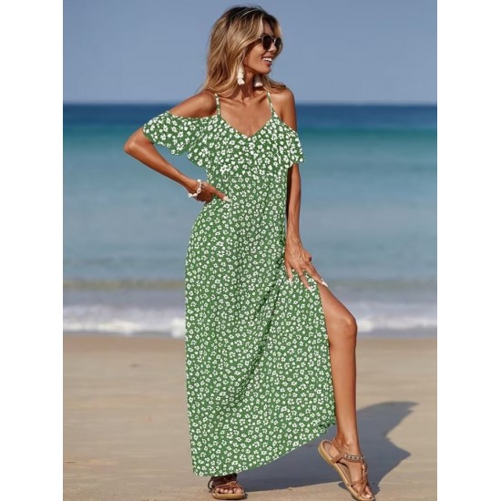 Kadın Omuzlardan Açık Askılı Yırtmaçlı Desenli Uzun Süprem Elbise , 32350