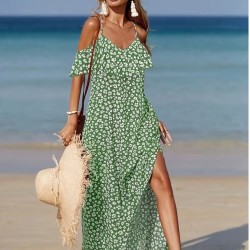 Kadın Omuzlardan Açık Askılı Yırtmaçlı Desenli Uzun Süprem Elbise , 32350