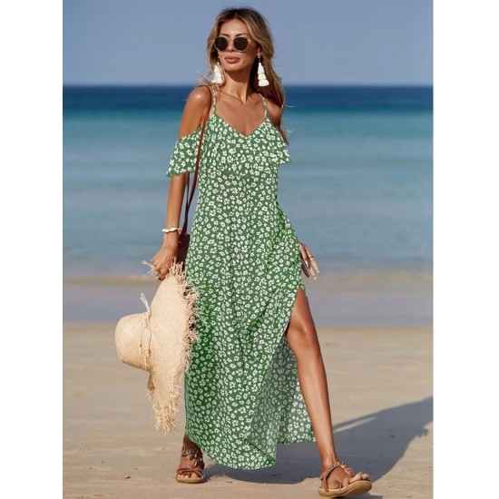 Kadın Omuzlardan Açık Askılı Yırtmaçlı Desenli Uzun Süprem Elbise , 32350