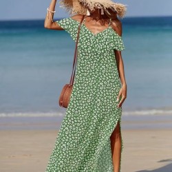 Kadın Omuzlardan Açık Askılı Yırtmaçlı Desenli Uzun Süprem Elbise , 32350