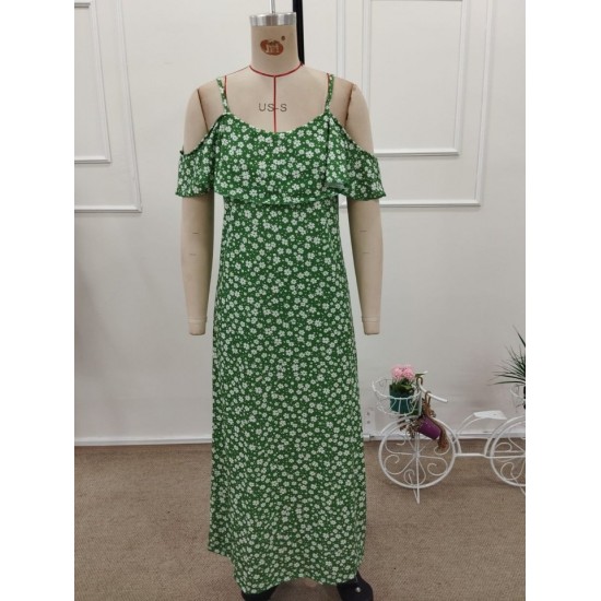 Kadın Omuzlardan Açık Askılı Yırtmaçlı Desenli Uzun Süprem Elbise , 32350