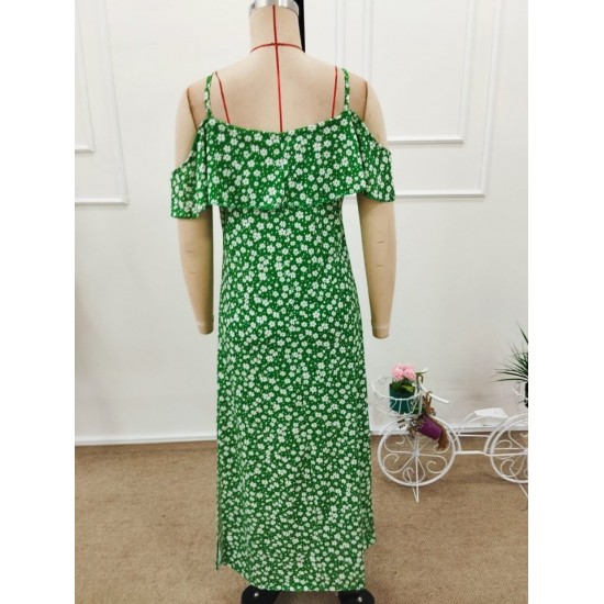 Kadın Omuzlardan Açık Askılı Yırtmaçlı Desenli Uzun Süprem Elbise , 32350