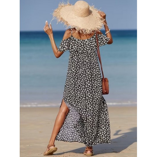 Kadın Omuzlardan Açık Askılı Yırtmaçlı Desenli Uzun Süprem Elbise , 32348