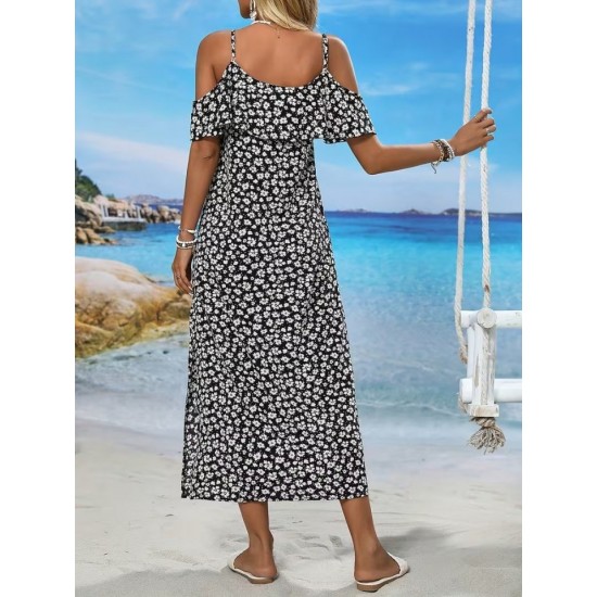 Kadın Omuzlardan Açık Askılı Yırtmaçlı Desenli Uzun Süprem Elbise , 32348