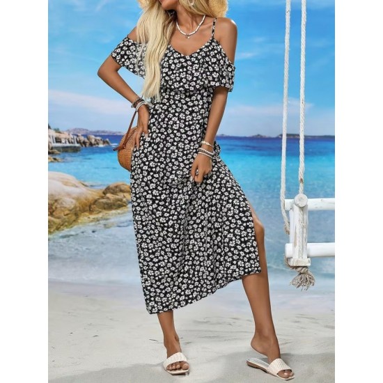 Kadın Omuzlardan Açık Askılı Yırtmaçlı Desenli Uzun Süprem Elbise , 32348