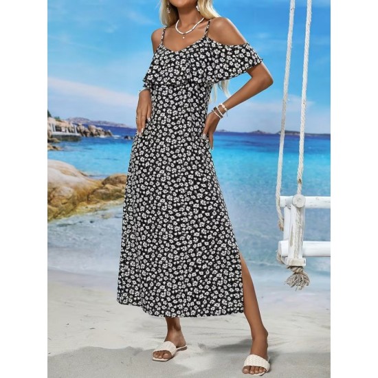 Kadın Omuzlardan Açık Askılı Yırtmaçlı Desenli Uzun Süprem Elbise , 32348