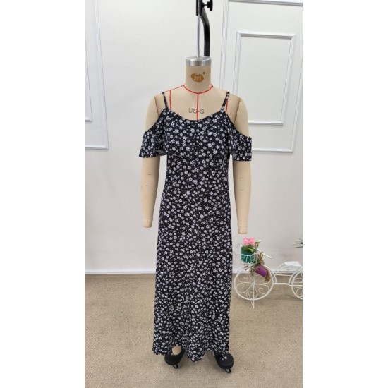 Kadın Omuzlardan Açık Askılı Yırtmaçlı Desenli Uzun Süprem Elbise , 32348