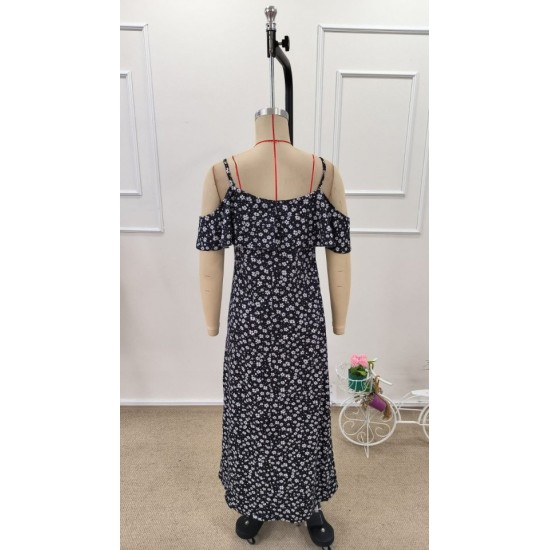 Kadın Omuzlardan Açık Askılı Yırtmaçlı Desenli Uzun Süprem Elbise , 32348