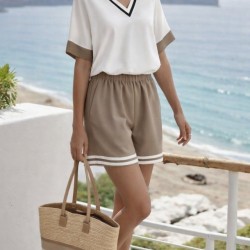 Kadın Kısa Kollu V Yakalı Mosskrep Bluz Ve Keten Kısa Short Ikili Takım , 32347
