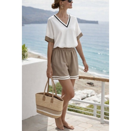 Kadın Kısa Kollu V Yakalı Mosskrep Bluz Ve Keten Kısa Short Ikili Takım , 32347