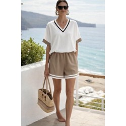 Kadın Kısa Kollu V Yakalı Mosskrep Bluz Ve Keten Kısa Short Ikili Takım , 32347 Kadın Kısa Kollu V Yakalı Mosskrep Bluz Ve Keten Kısa Short Ikili Takım , 32347
