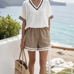 Kadın Kısa Kollu V Yakalı Mosskrep Bluz Ve Keten Kısa Short Ikili Takım , 32347 Kadın Kısa Kollu V Yakalı Mosskrep Bluz Ve Keten Kısa Short Ikili Takım , 32347