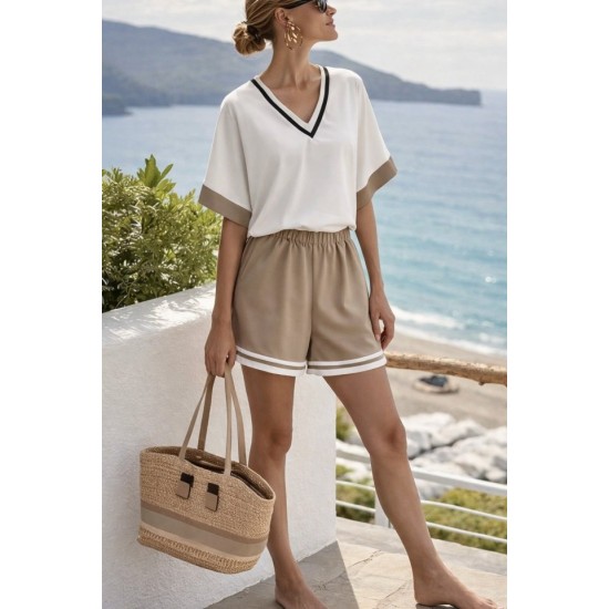 Kadın Kısa Kollu V Yakalı Mosskrep Bluz Ve Keten Kısa Short Ikili Takım , 32347
