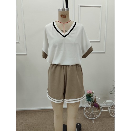 Kadın Kısa Kollu V Yakalı Mosskrep Bluz Ve Keten Kısa Short Ikili Takım , 32347