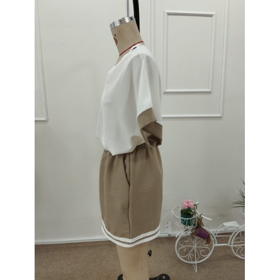 Kadın Kısa Kollu V Yakalı Mosskrep Bluz Ve Keten Kısa Short Ikili Takım , 32347