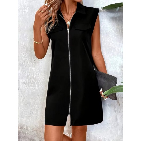 Kadın Kısa Kollu Yaka önden Fermuarlı Kısa Modal Elbise , 32346