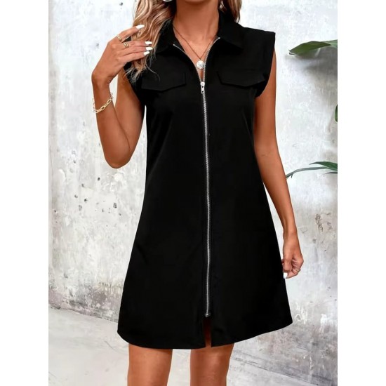 Kadın Kısa Kollu Yaka önden Fermuarlı Kısa Modal Elbise , 32346