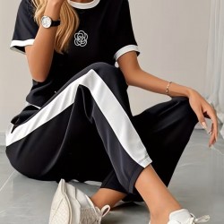 Kadın Kısa Kollu Bisiklet Yaka Viskon Iki Iplik Bluz Ve Pantolon Ikili Takım , 32361