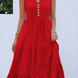 Kadın Askılı V Yakalı önden Düğmeli Midi Viskon Elbise , 32360