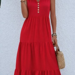 Kadın Askılı V Yakalı önden Düğmeli Midi Viskon Elbise , 32360