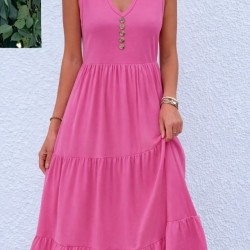 Kadın Askılı V Yakalı önden Düğmeli Midi Viskon Elbise , 32359