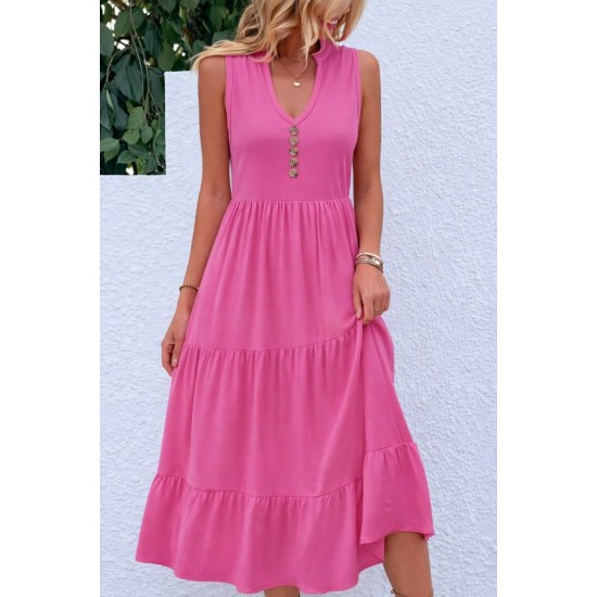 Kadın Askılı V Yakalı önden Düğmeli Midi Viskon Elbise , 32359