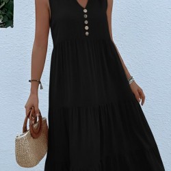 Kadın Askılı V Yakalı önden Düğmeli Midi Viskon Elbise , 32357