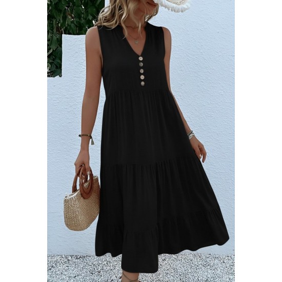 Kadın Askılı V Yakalı önden Düğmeli Midi Viskon Elbise , 32357