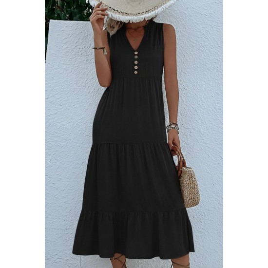 Kadın Askılı V Yakalı önden Düğmeli Midi Viskon Elbise , 32357