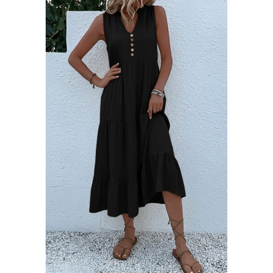 Kadın Askılı V Yakalı önden Düğmeli Midi Viskon Elbise , 32357